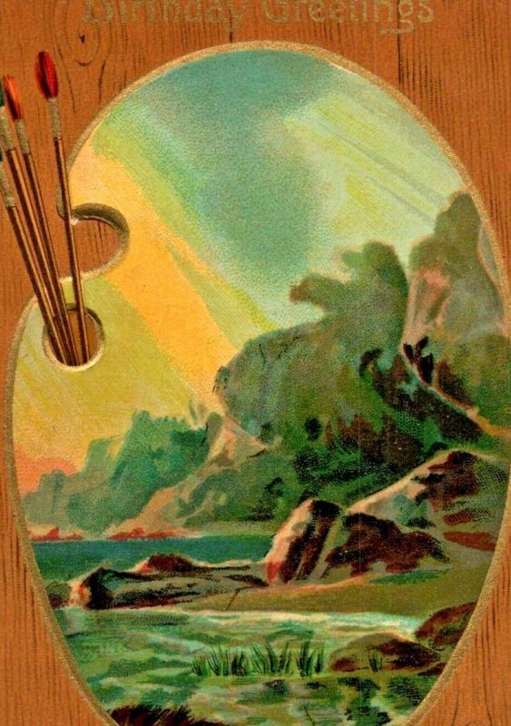 c.1910 Happy Birthday Greetings Paint Palette Ocean seaside cliff scene postcard