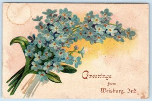 1908 GREETINGS FROM WEISBURG INDIANA ANTIQUE POSTCARDS BLUE FLOWERS 