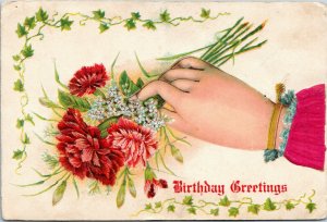 postcard Birthday Greetings - Hand holding flowers with arm sleeve fabric