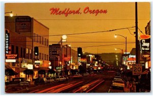 MEDFORD, OR Oregon ~ Twilight MAIN STREET SCENE c1960s Jackson County Postcard