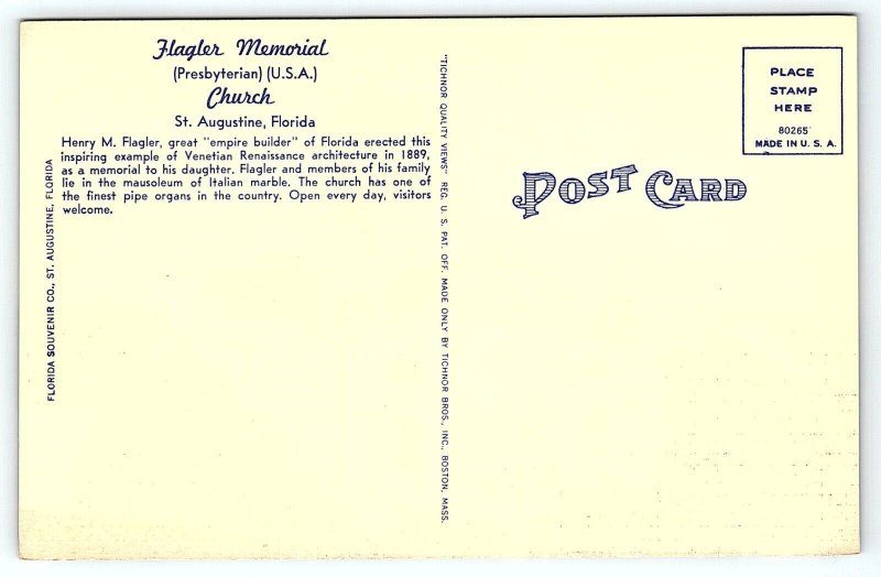 1930s ST AUGUSTINE FL FLAGLER MEMORIAL PRESBYTERIAN CHURCH LINEN POSTCARD P2680