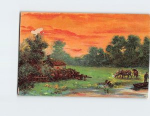 Postcard Nature House Buffaloes Landscape Painting/Art Print