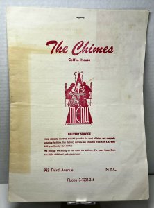 Vintage 1981 The Chimes Coffee House Menu New York City NYC