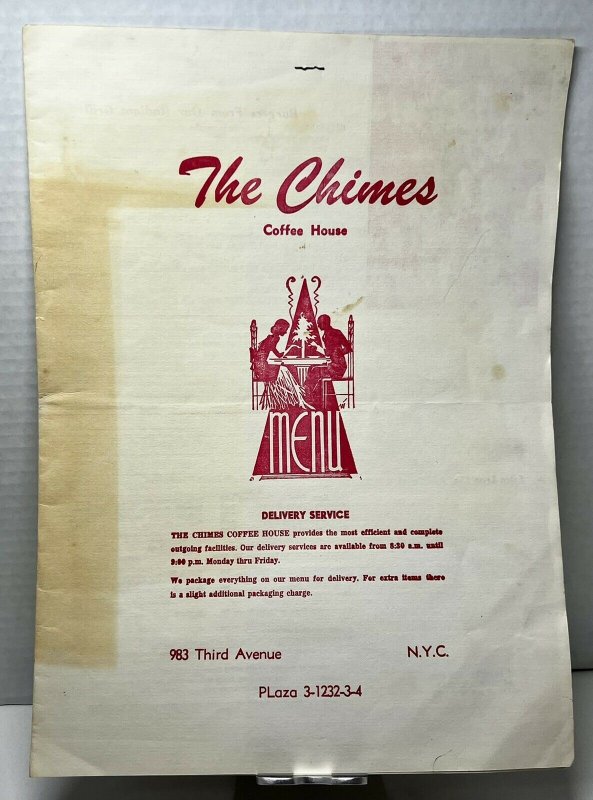 Vintage 1981 The Chimes Coffee House Menu New York City NYC Ephemera