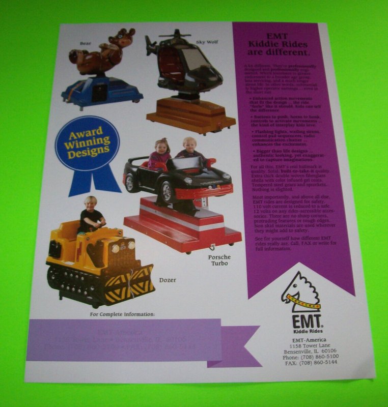 EMT KIDDIE RIDES ORIGINAL SALES FLYER BROCHURE WITH ASTRONAUT BEAR PORSCHE DOZER