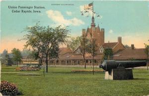 Cedar Rapids Iowa~Cannon at Union Passenger Station~Fortress Tower~1912 Postcard