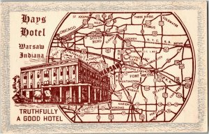 Hays Hotel Warsaw IN Map of Area Vintage Postcard G37