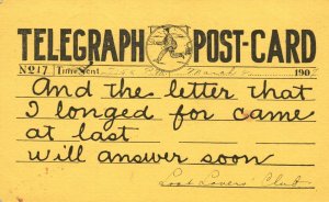 Vintage Postcard 1907 Telegraph Post Card  Letter Longed Came Will Answer Soon