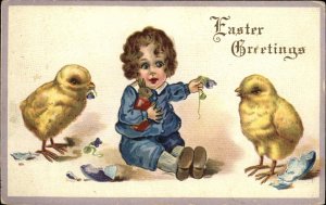 Easter - Little Boy & Chicks Stecher Series 77D c1915 Embossed Postcard