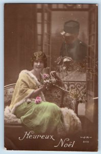 Christmas Postcard RPPC Photo Pretty Woman Soldier Romance WWI France c1910's