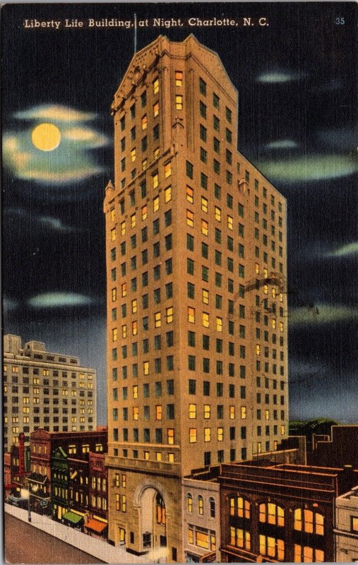 Linen Postcard Liberty Life Building at Night in Charlotte, North Carolina