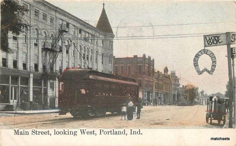 1908 Main Street Looking East Trolley Portland Indiana Suhling postcard 1220