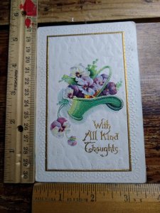 Postcard - With All Kind Thoughts with Basket of Flowers Embossed Art Print