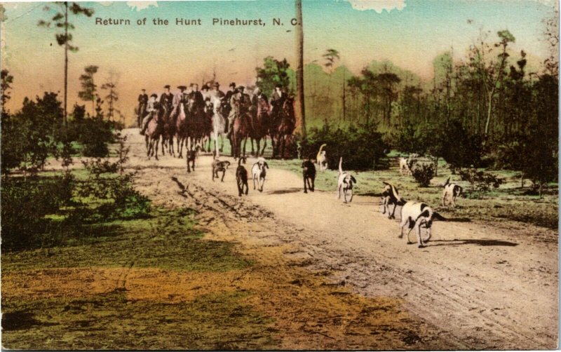 Postcard NC Pinehurst Horsemen Return from Hunt with Dogs Hand Colored 1929 H24