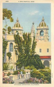 San Diego CA Expo Semi-Tropical Nook Balboa Park Linen Postcard Unused