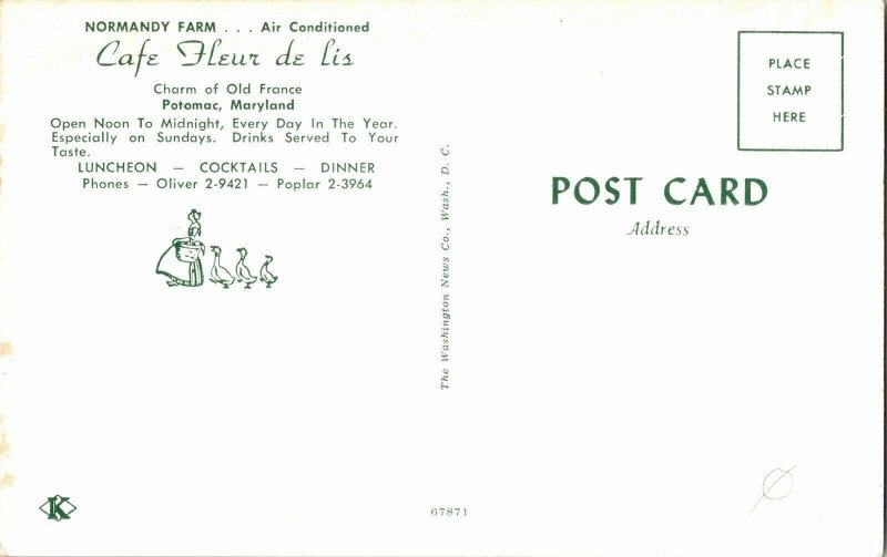 Normandy Farm Cafe Fleur de lis Old France Potomac Maryland Vtg Vintage Postcard 
