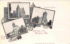 Greetings from Waupaca English Baptist ME Episcopal Churches Wisconsin postcard