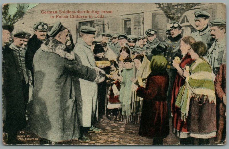 POLAND GERMAN GENERALS DISTRIBUTING BREAD TO POLISH CHILDREN ANTIQUE POSTCARD