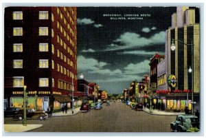 1953 Broadway Looking South By Night Business Section Billings Montana Postcard