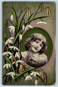Little Girl Postcard White Flowers And Cattails Embossed Thompson Iowa IA c1910s
