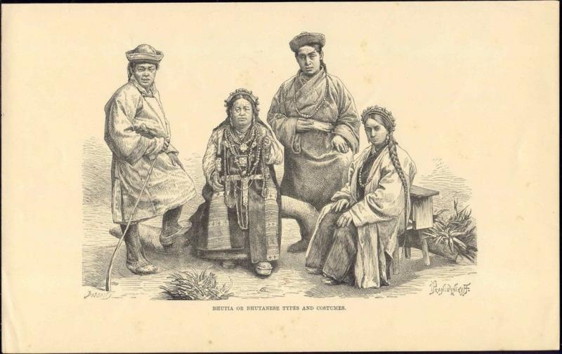 bhutan, Bhutia Native People in Costumes, Jewelry (1890s)  Old Print