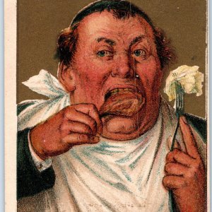 c1910s Ugly Fat Man Eating Chicken Leg Great Atlantic Pacific Tea Trade Card C34 