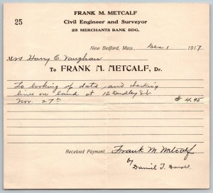 1917 New Bedford Massachusetts Dr. Frank M. Metcalf recibo 6 x 6-