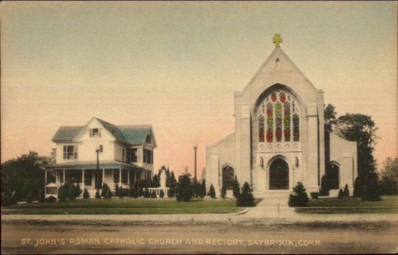 Saybrook CT Church & Rectory Hand Colored Postcaqrd