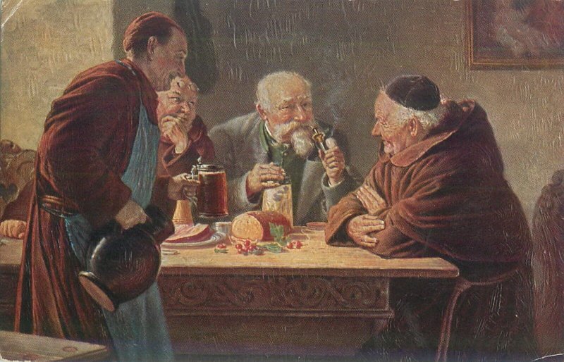 Artist Postcard E. Grützner strong tobacco, hunter cant, casconnade, monk, beer 