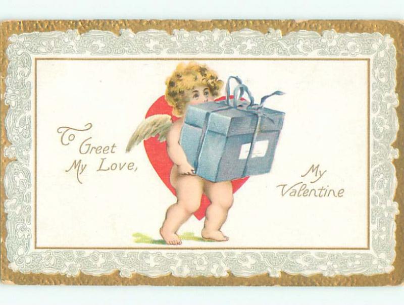 Pre-Linen valentine CUPID CARRIES GIFTWRAPPED BOX J1165