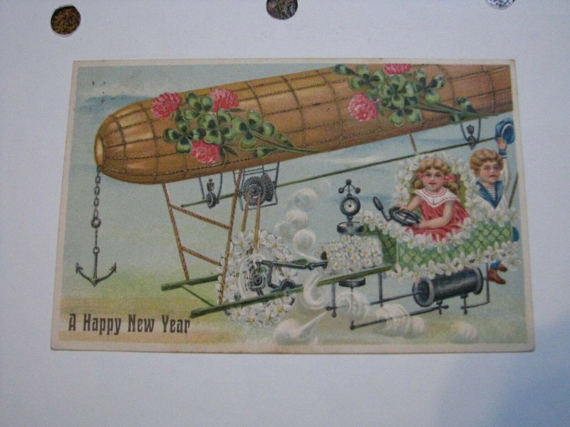 Postcard Airship Dirigible Happy New Year Greetings Boy Girl Series 175