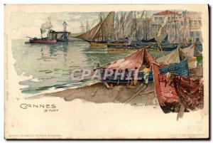 Old Postcard Illustrator Cannes harbor Boats