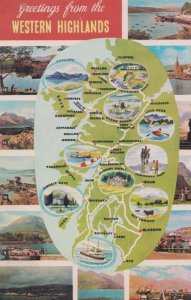 Western Highlands 1960s Scottish Map Postcard incl Harbour Glen Coe etc