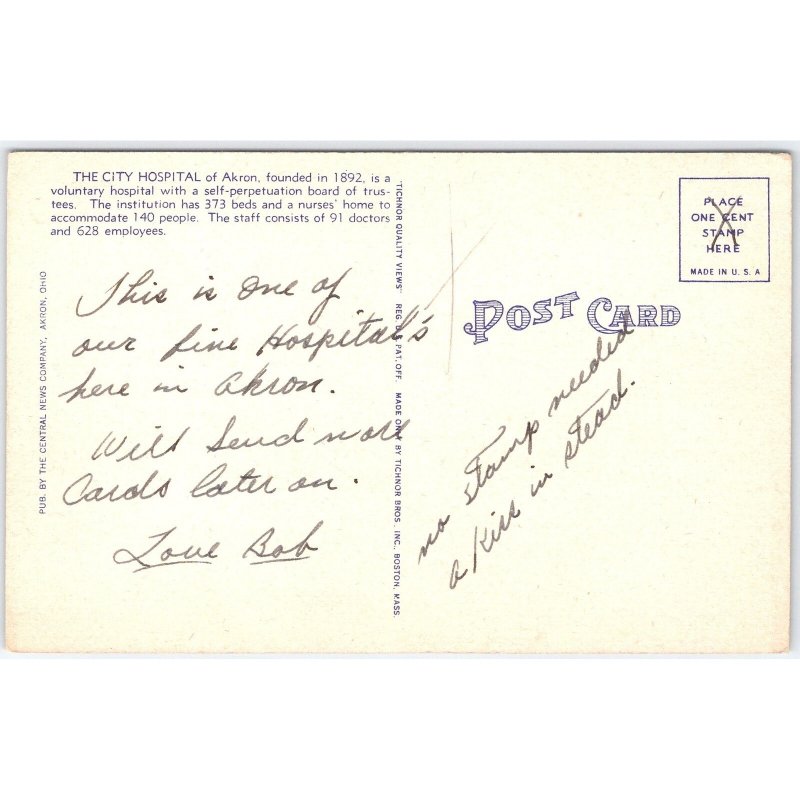Postcard City Hospital Akron Ohio Architecture Linen Era