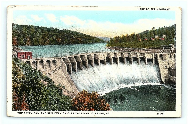 Postcard PA Piney Dam Spillway Clarion River Lake to Sea Highway G13