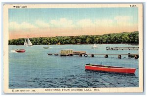 Browns Lake Wisconsin Postcard Greetings Water Lure Boats c1940 Vintage Unposted