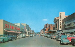 Adrian MI Maumee Looking West Storefronts 1950's Cars Police Cycle, Postcard
