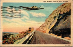Vtg Airplane Over Airport Road Billings Montana MT 1930s Linen Postcard