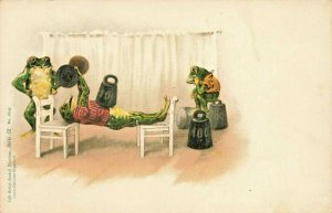 Frogs Working Out With Weights Serie IX No. 16245 Early Germany Postcard