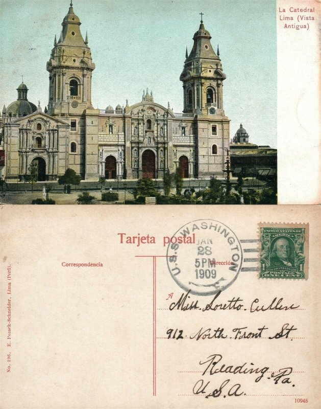 LA CATEDRAL LIMA PERU VISTA ANTIGUA 1909 ANTIQUE POSTCARD 