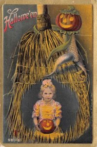 Hallowe'en Little Girl W/ Jack-O-Lanterns, Broom Background, P. Sander Copyright
