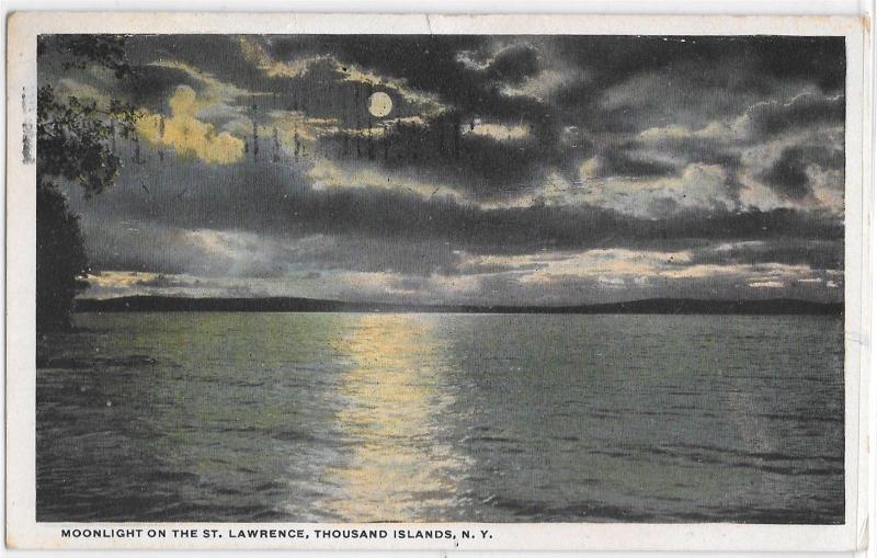 Moonlight on the St. Lawrence Thousand Islands NY New York Curteich Postcard