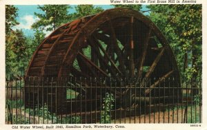 Vintage Postcard 1944 Water Wheel to the First Brass Mill in America Waterbury