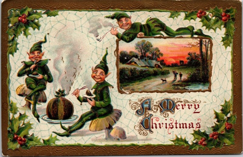 Elves Eating Figgy Pudding Christmas embossed Postcard 1913