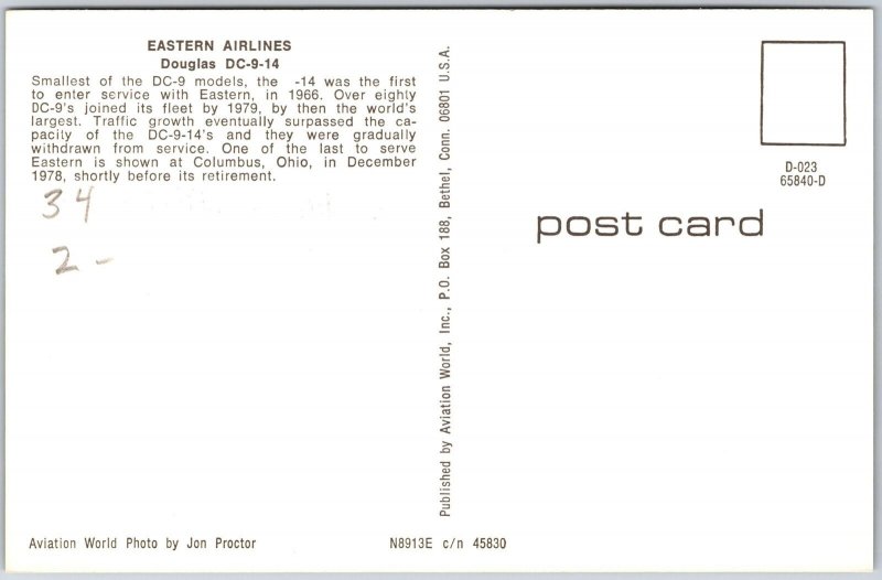 Airplane Eastern Airlines Douglas DC-9-14 Smallest DC-9 Models N8913E Postcard 