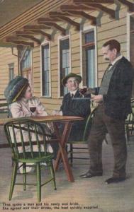 Wedding Bride Newlyweds Hotel Man Bringing Alcohol Drinks Old Antique Postcard