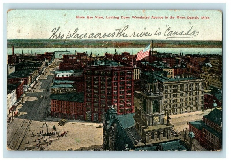 C.1907 Birds Eye View Downtown Woodward Ave Detroit Michigan Postcard P94