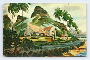 Crouching Lion Inn Watercolor Kahana Bay Oahu Hawaii HI UNP Chrome Postcard K14