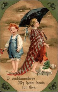 St Patrick's Day Little Girl and Boy with Pig Piglet c1910 Vintage Postcard