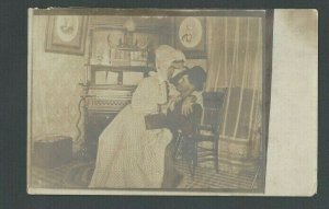 1909 Real Picture Post Card Humor Man Dressed As Woman? On Mans Lap